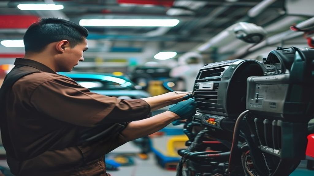 Teknisi memperbaiki AC mobil di bengkel