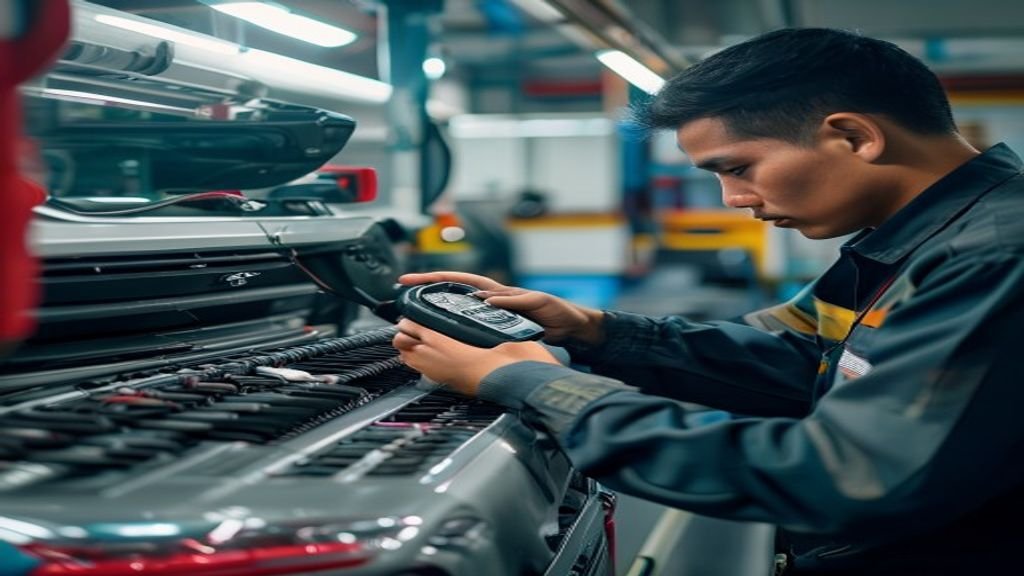 Teknisi memeriksa dan membersihkan AC mobil di bengkel Service AC Mobil Ciputat, memastikan pendinginan optimal.