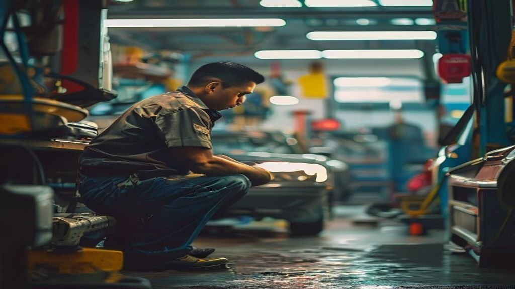 Mekanik profesional melakukan servis ganti oli mobil di bengkel terpercaya
