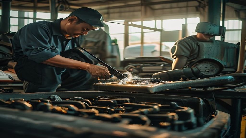 Mekanik ganti oli mobil di bengkel Ciputat